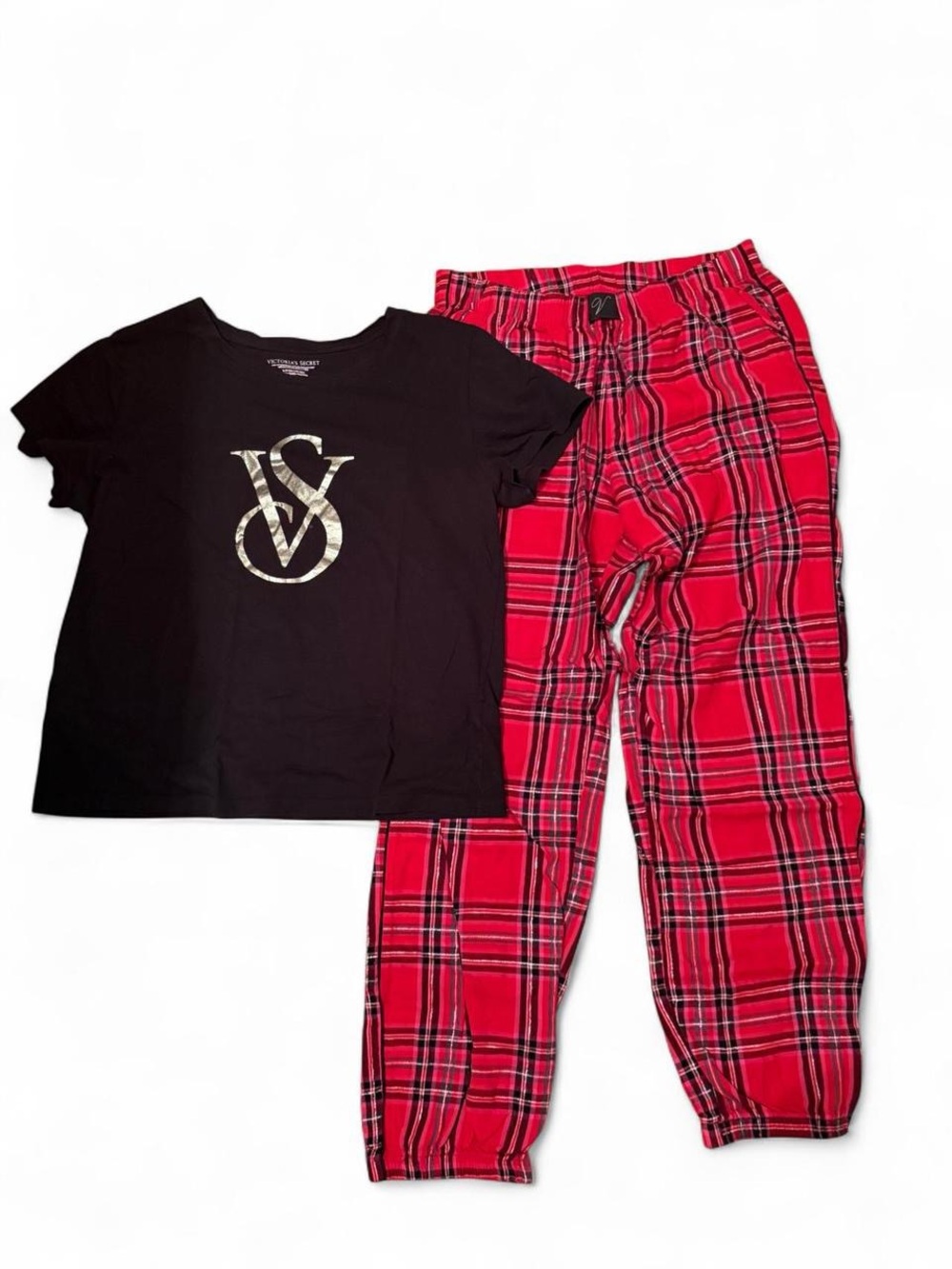 Victoria's Secret Black Tee with Red Plaid Pajama Pants